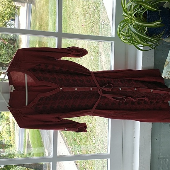 Anthropologie Tiny Burgundy Maroon Embroidery Button Down Belted Dress M - Picture 3 of 12